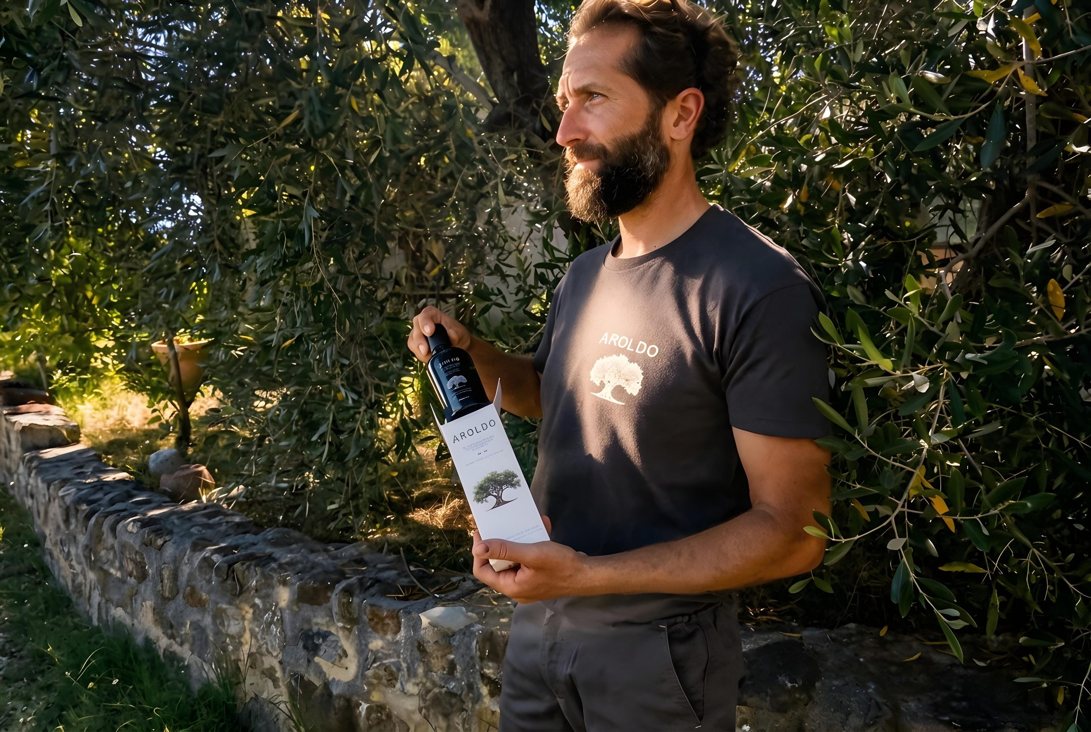 The producer with a bottle of Aroldo oil, next to a stone wall among the olive trees